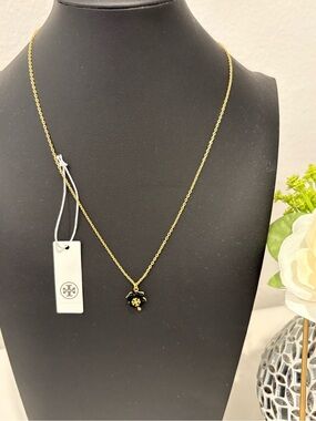 Tory Burch Black Enamel Logo Charm Necklace - Gold Chain